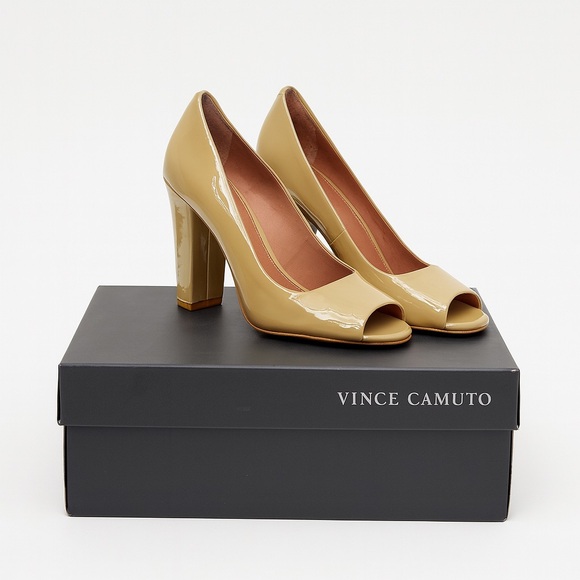Vince Camuto Patent Leather Peep Toe Pumps – Nude Beige, Block Heel (Size 8) - Picture 1 of 5